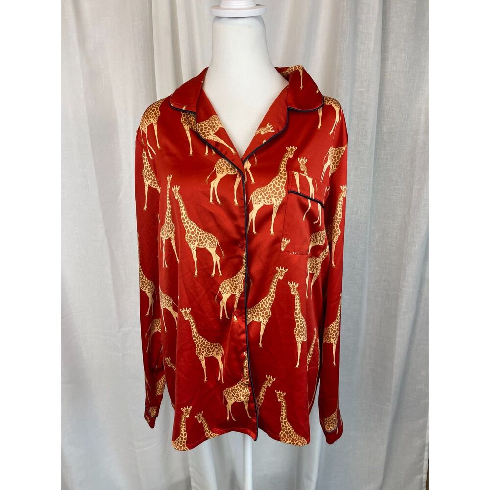 Chelsea Peers Red Satin Giraffe Print Pajama Top – Size L